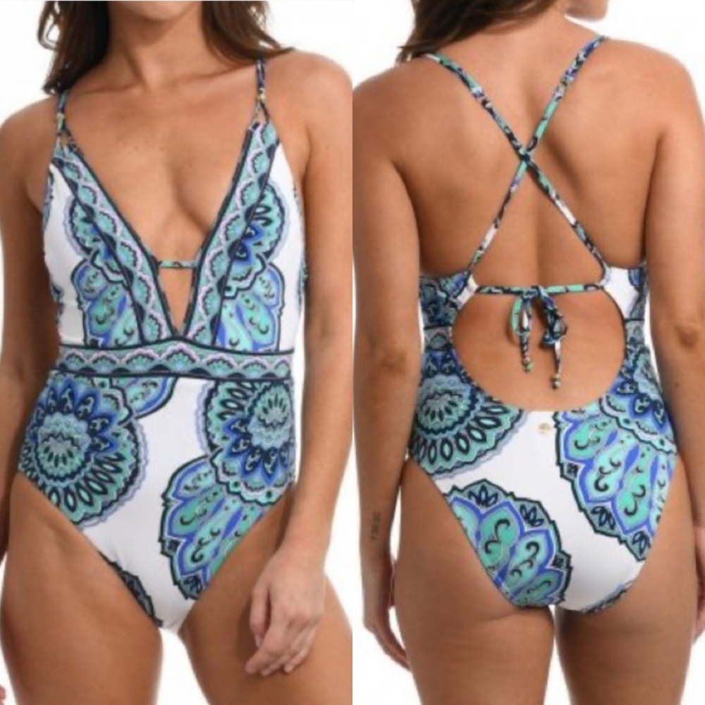 Sunshine 79 Mellow Medallion Plunge V Neck Open Back Paisley One Piece Swimsuit